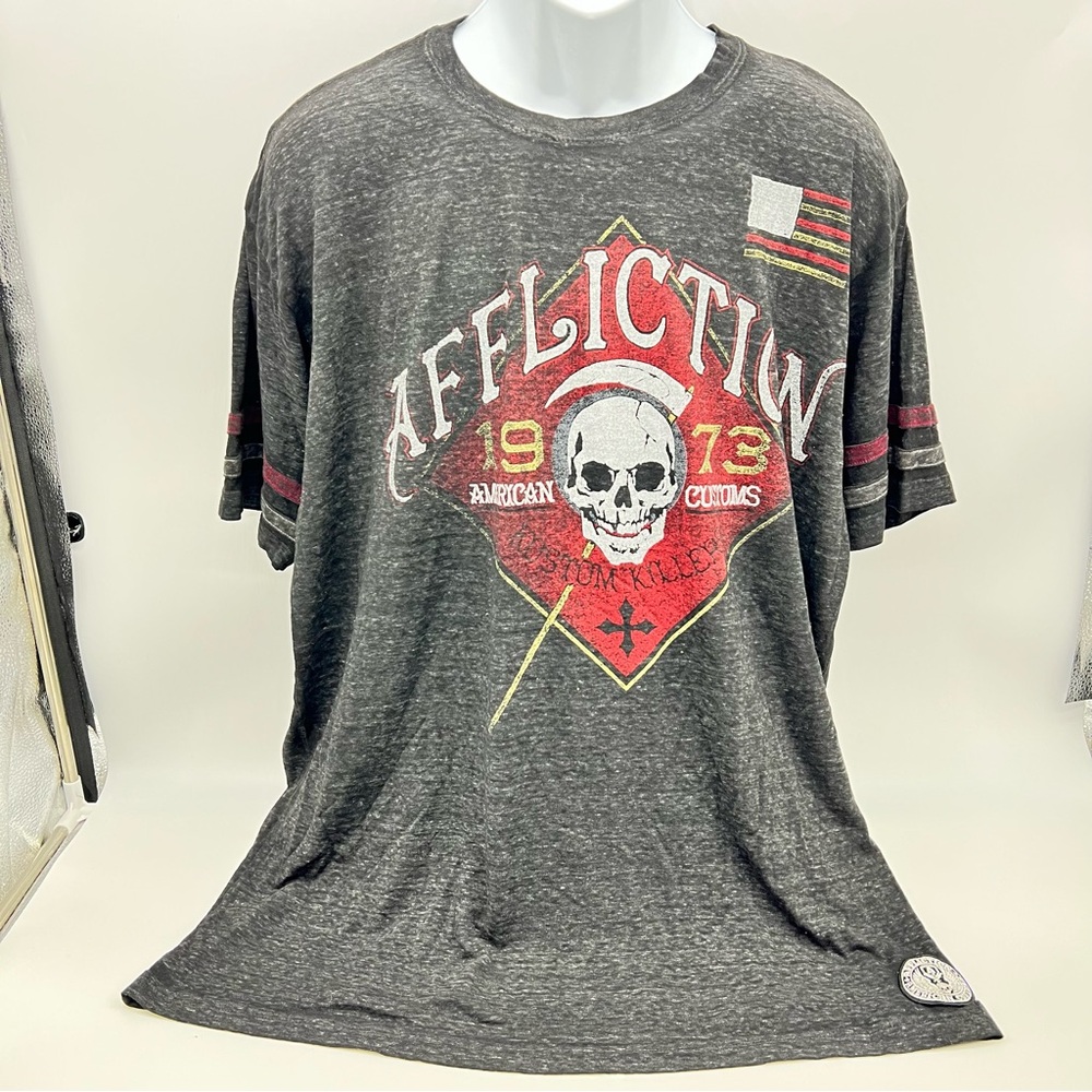 Affliction American Customs Kustom Killer Gray Short Sleeve Tee Skull Design-3XL
